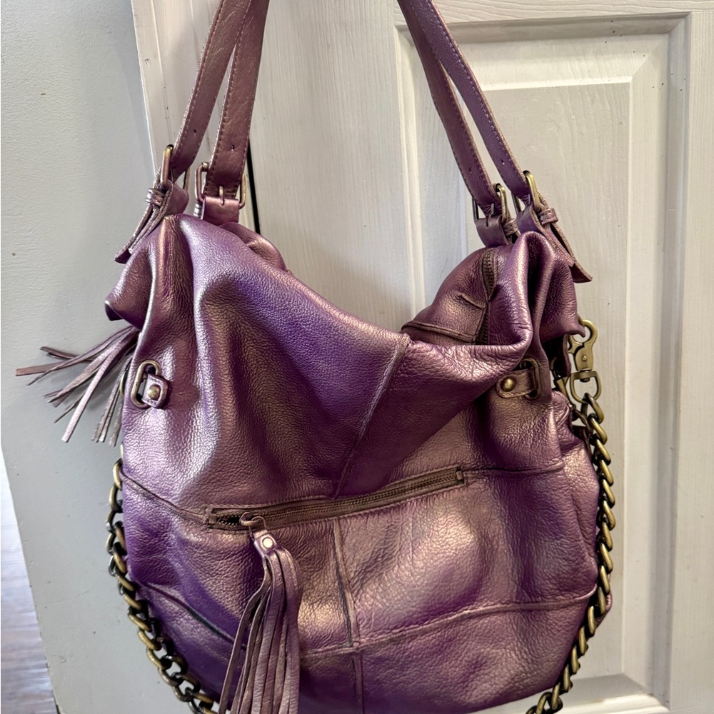 Vintage leather Cut & Paste upcycled purple metallic shimmer handbag